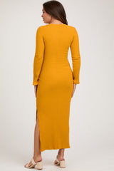 Yellow Ribbed Side Slit Maternity Maxi Dress