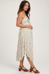 Light Olive Floral Front Tie V-Neck Maternity Midi Dress