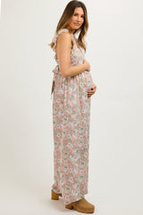 Light Pink Floral Sleeveless Tie Back Maternity Jumpsuit