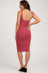 Rust Ribbed Square Neck Low Back Sleeveless Maternity Midi Dress