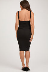 Black Ribbed Square Neck Low Back Sleeveless Maternity Midi Dress