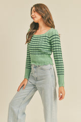 Emerald Striped Sweater With Scalloped Pointelle Hem