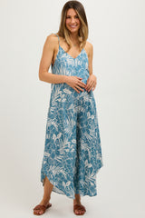 Blue Tropical Floral V-Neck Round Hem Maternity Jumpsuit