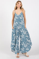 Blue Tropical Floral V-Neck Round Hem Maternity Jumpsuit