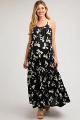 Black Bow Print Halter Front Tie Tiered Maternity Maxi Dress