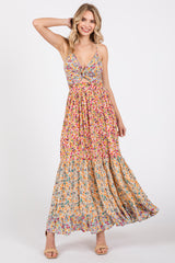 Multi-colored V-Neck Front Twist Maxi Dress