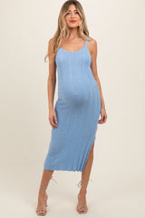 Light Blue Rib Knit Side Slit Maternity Maxi Dress