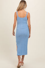 Light Blue Rib Knit Side Slit Maternity Maxi Dress