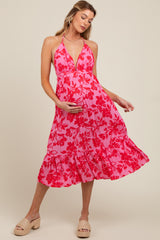 Pink Floral Print Halter Maternity Dress