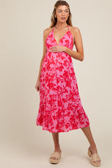 Pink Floral Print Halter Maternity Dress