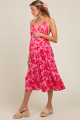 Pink Floral Print Halter Maternity Dress