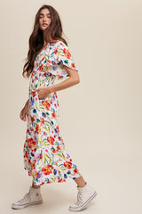 Ivory Floral Flutter Sleeve Smocked Midi Dress