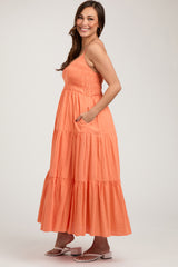 Orange Smocked V-Neck Sleeveless Tiered Maternity Midi Dress