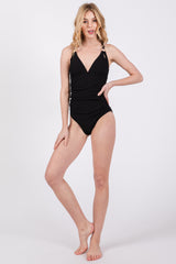 Black Ribbed V-Neck Ruched Criss Cross Low Back One Piece Swimsuit