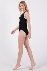 Black Ribbed V-Neck Ruched Criss Cross Low Back One Piece Swimsuit