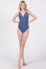 Blue Ribbed V-Neck Ruched Criss Cross Low Back One Piece Swimsuit