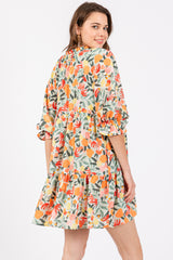 Peach Fruit Print Long Sleeve Tiered Dress