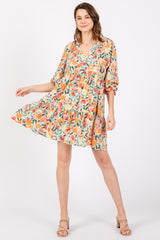 Peach Fruit Print Long Sleeve Tiered Dress