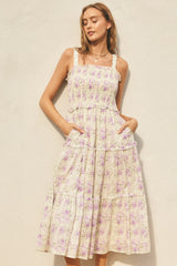 Lavender Floral Smocked Square Neck Ruffle Tiered Midi Dress