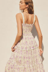 Lavender Floral Smocked Square Neck Ruffle Tiered Midi Dress