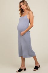 Light Blue Square Neck Ribbed Sleeveless Maternity Midi Dress