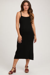 Black Square Neck Ribbed Sleeveless Maternity Midi Dress