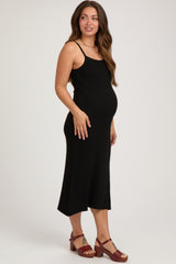 Black Square Neck Ribbed Sleeveless Maternity Midi Dress