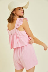 Pink Gauze Square Neck Romper With Mini Ruffles