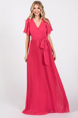 Fuchsia Chiffon Wrap Front V-Neck Short Sleeve Pleated Maternity Maxi Dress