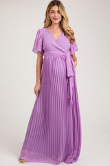 Lavender Chiffon Wrap Front V-Neck Short Sleeve Pleated Maternity Maxi Dress