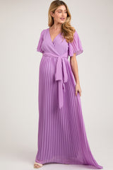 Lavender Chiffon Wrap Front V-Neck Short Sleeve Pleated Maternity Maxi Dress