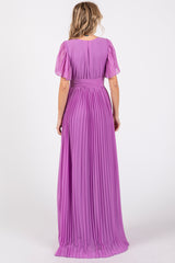 Lavender Chiffon Wrap Front V-Neck Short Sleeve Pleated Maxi Dress