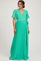 Aqua Chiffon Wrap Front V-Neck Short Sleeve Pleated Maternity Maxi Dress