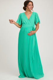 Aqua Chiffon Wrap Front V-Neck Short Sleeve Pleated Maternity Maxi Dress