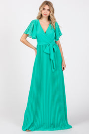 Aqua Chiffon Wrap Front V-Neck Short Sleeve Pleated Maxi Dress
