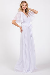 White Chiffon Wrap Front V-Neck Short Sleeve Pleated Maxi Dress