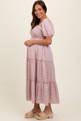 Light Pink Floral Smocked Tiered Puff Sleeve Maternity Maxi Dress