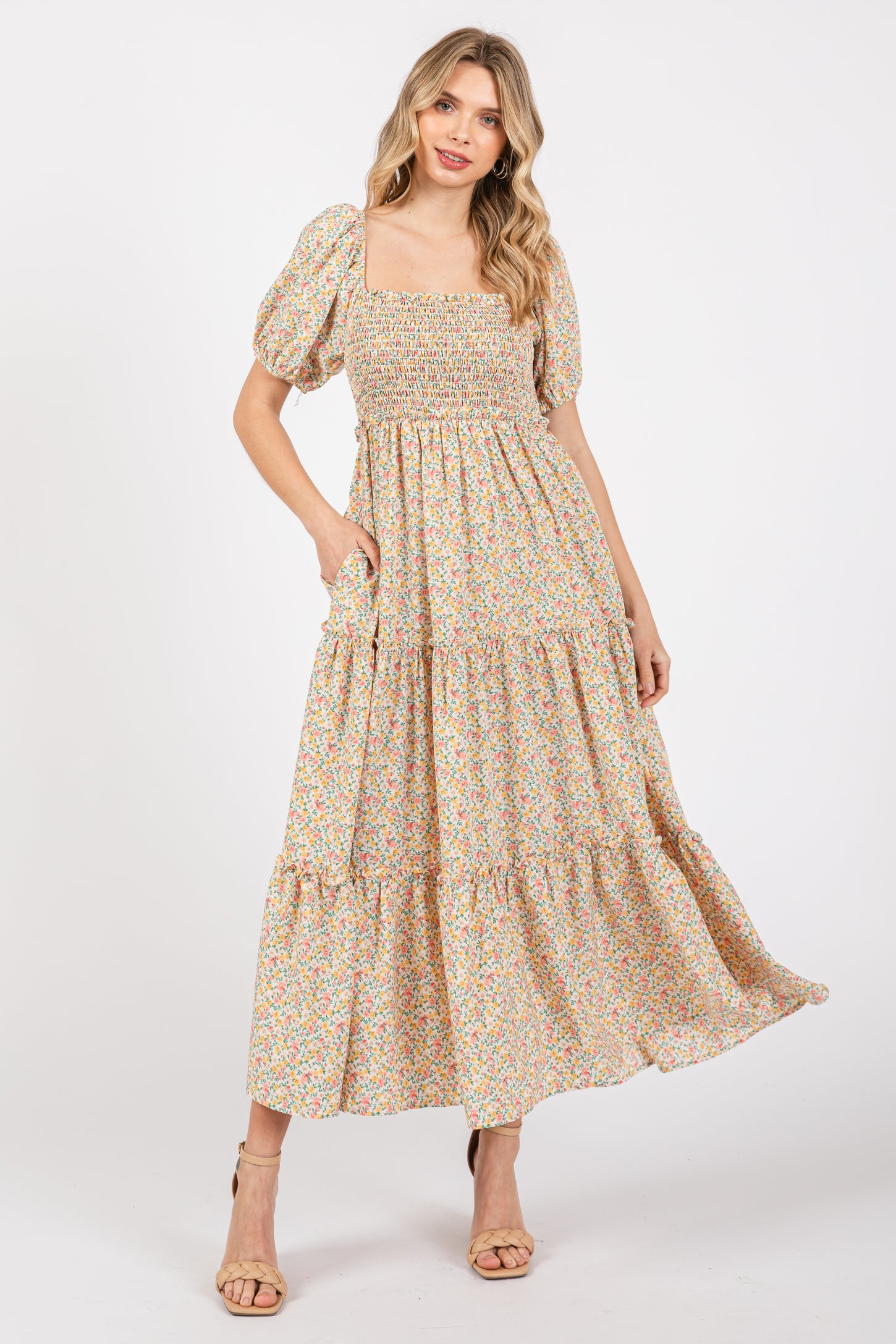 Cream Floral Smocked Tiered Puff Sleeve Maternity Maxi Dress