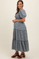 Navy Floral Smocked Tiered Puff Sleeve Maternity Maxi Dress
