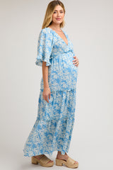 Blue Floral Smocked V-Neck Ruffle Tiered Maternity Maxi Dress