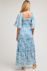 Blue Floral Smocked V-Neck Ruffle Tiered Maternity Maxi Dress