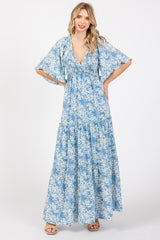 Blue Floral Smocked V-Neck Ruffle Tiered Maternity Maxi Dress