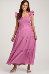 Mauve Sleeveless Smocked Tiered Maternity Maxi Dress