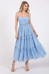 Light Blue Sleeveless Pleated Ruffle Tiered Midi Dress