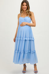 Light Blue Sleeveless Pleated Ruffle Tiered Maternity Midi Dress