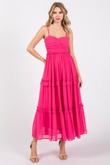 Fuchsia Sleeveless Pleated Ruffle Tiered Maternity Midi Dress