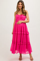 Fuchsia Sleeveless Pleated Ruffle Tiered Maternity Midi Dress