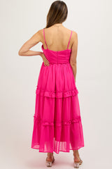 Fuchsia Sleeveless Pleated Ruffle Tiered Maternity Midi Dress