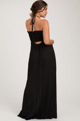 Black Smocked Halter Maternity Maxi Dress