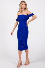 Royal Off Shoulder Sleeveless Ruched Mesh Midi Dress